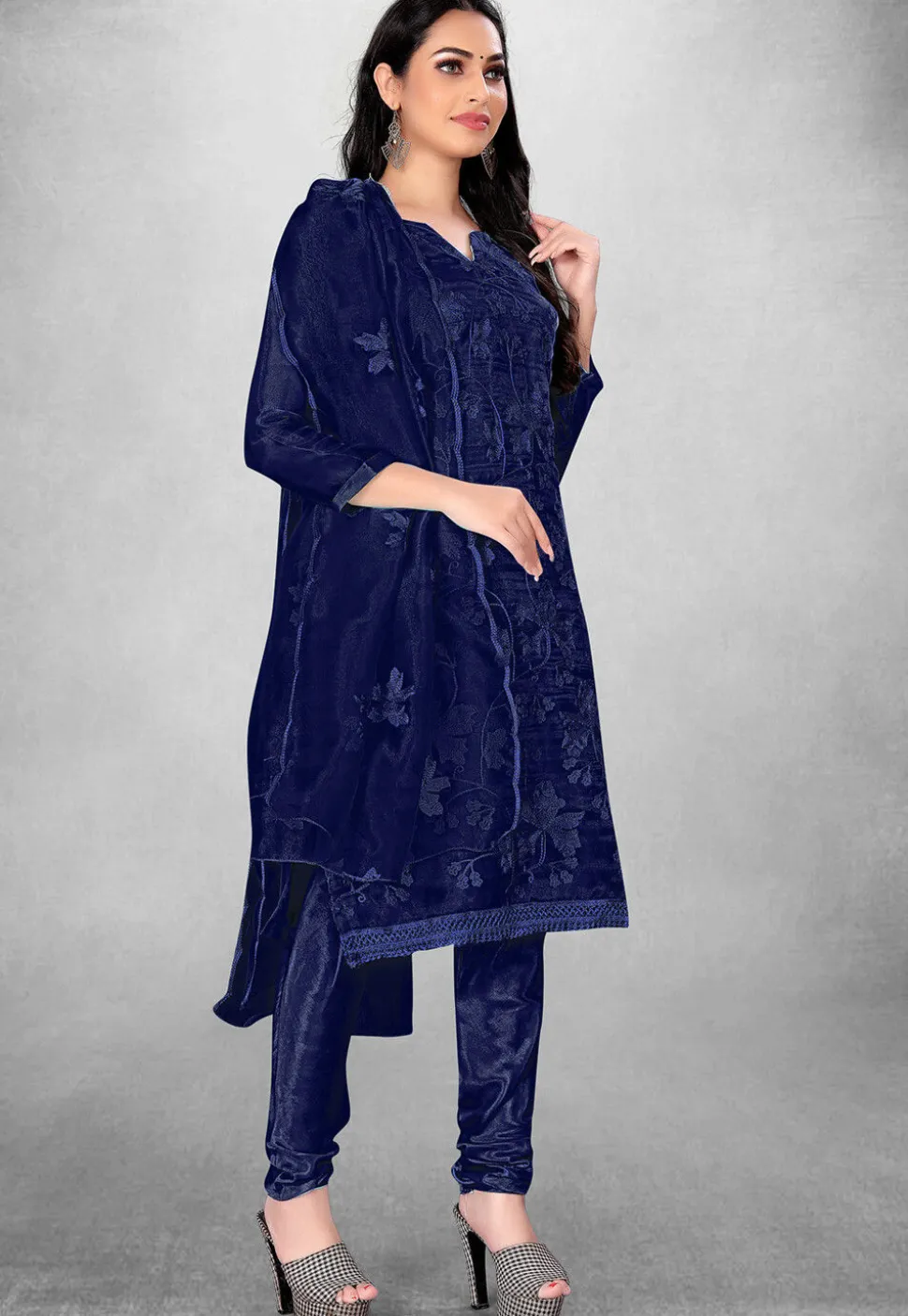 Embroidered Organza Straight Suit in Blue