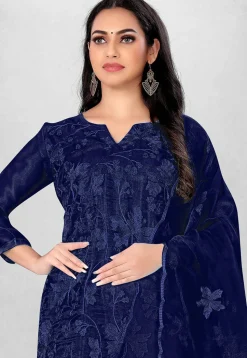 Embroidered Organza Straight Suit in Blue