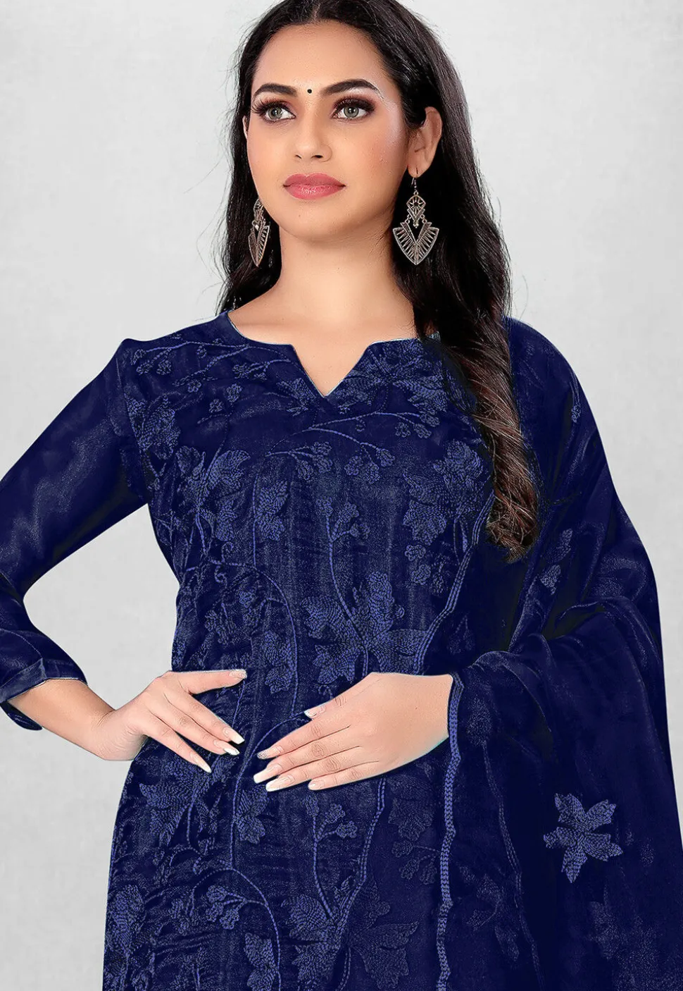 Embroidered Organza Straight Suit in Blue