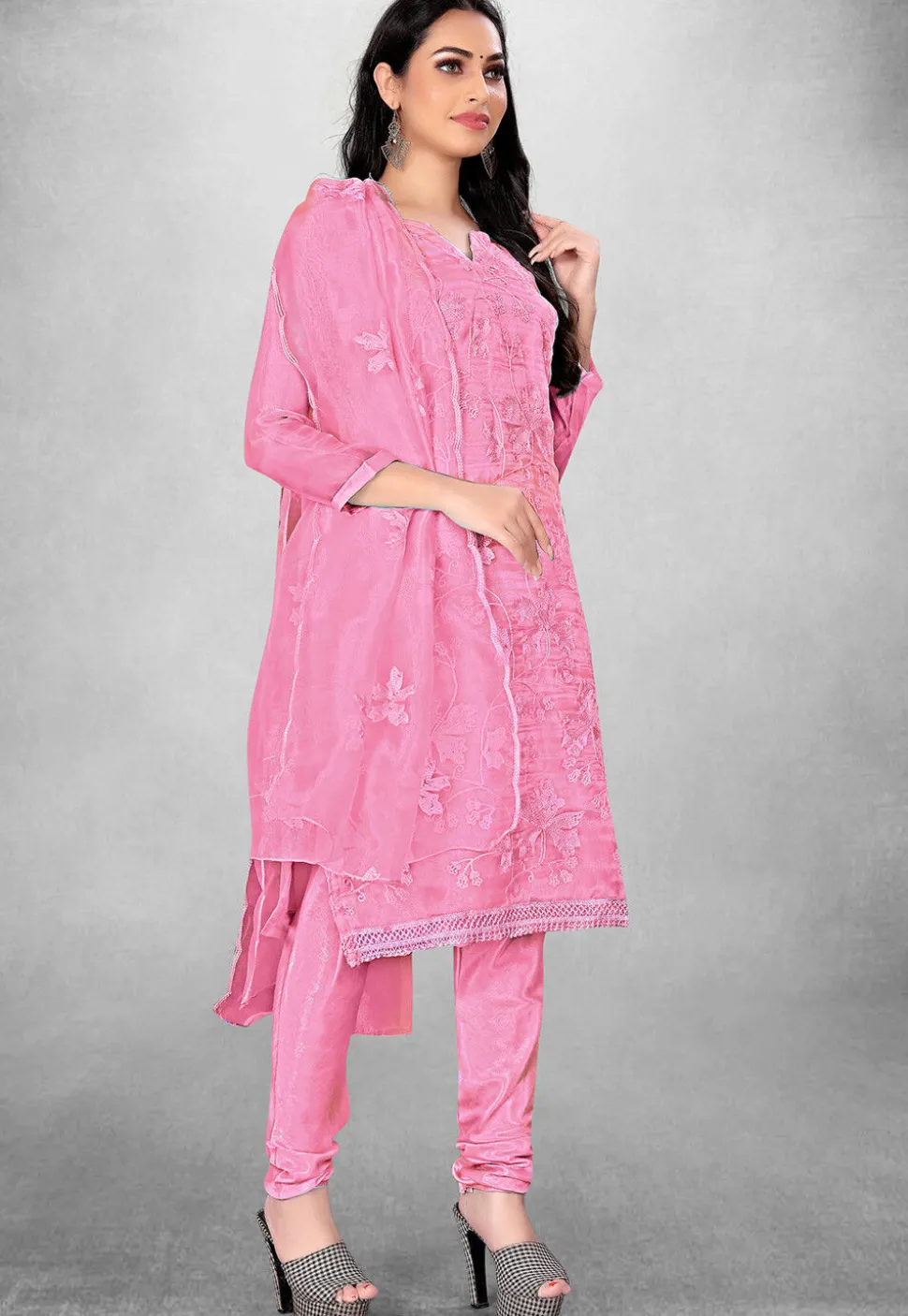 Embroidered Organza Straight Suit in Pink