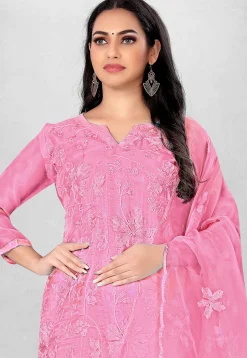 Embroidered Organza Straight Suit in Pink