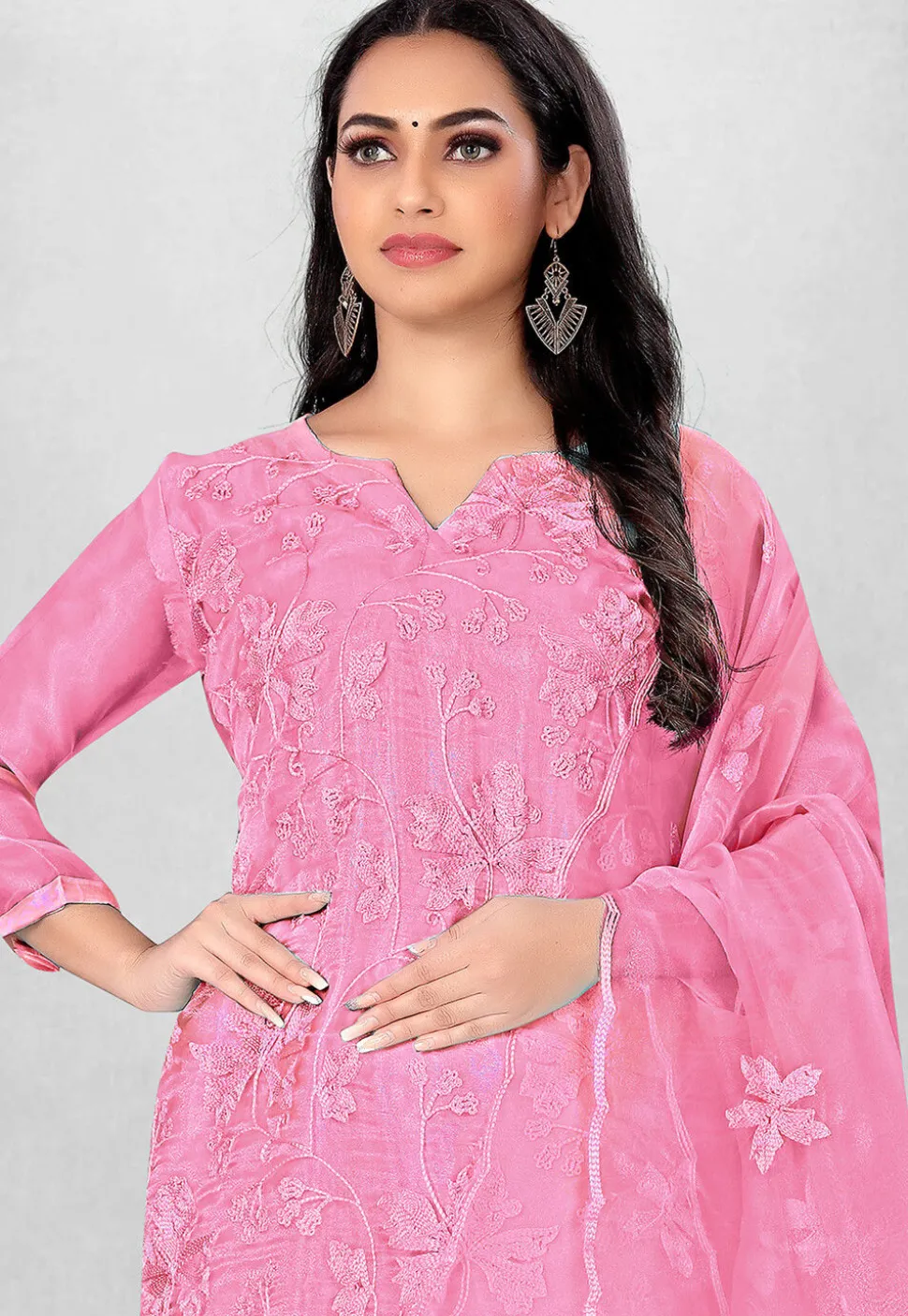 Embroidered Organza Straight Suit in Pink