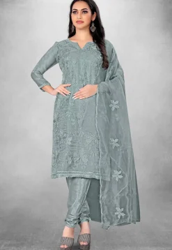 Embroidered Organza Straight Suit in Grey