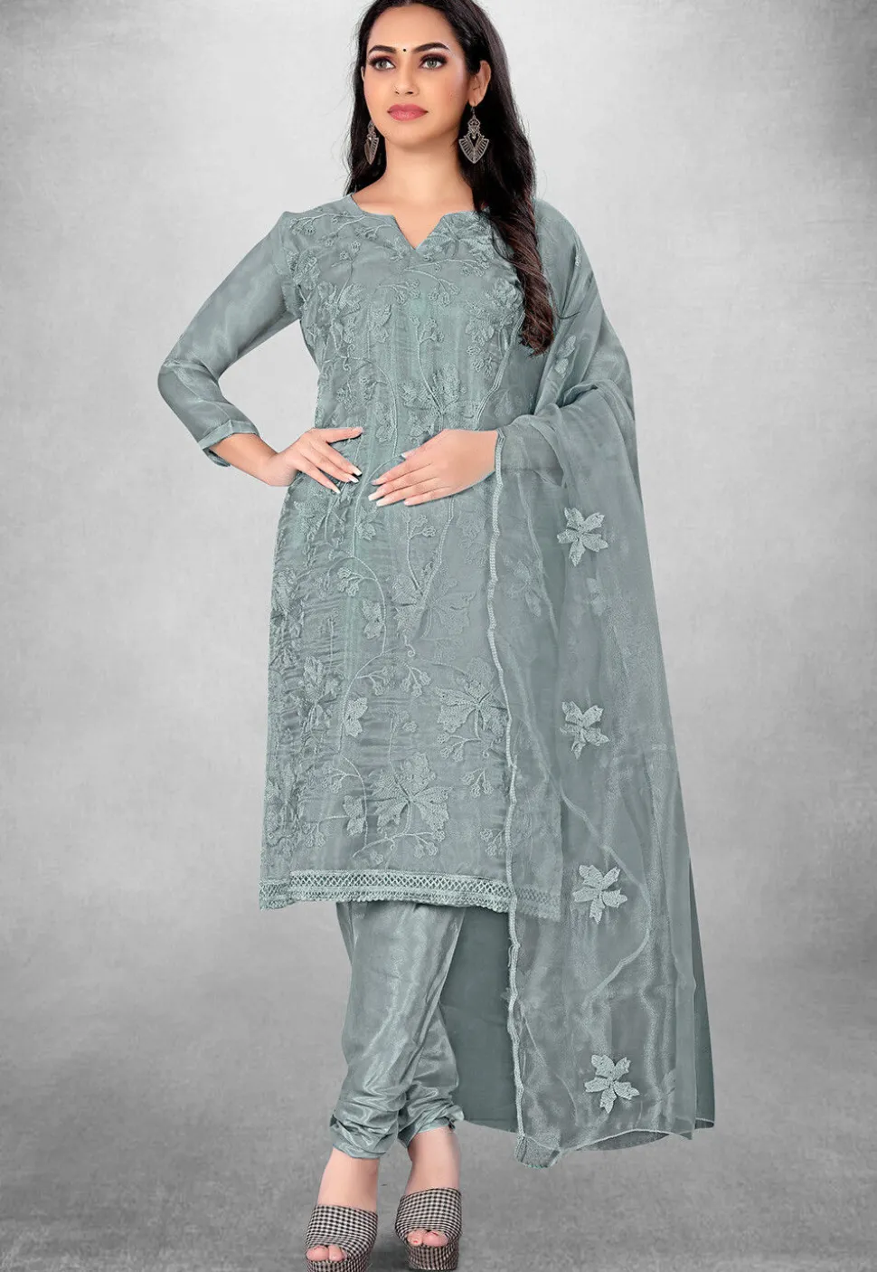Embroidered Organza Straight Suit in Grey