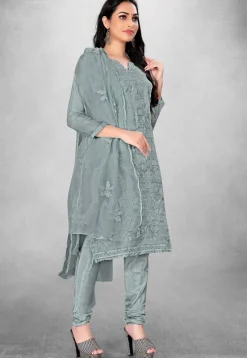 Embroidered Organza Straight Suit in Grey