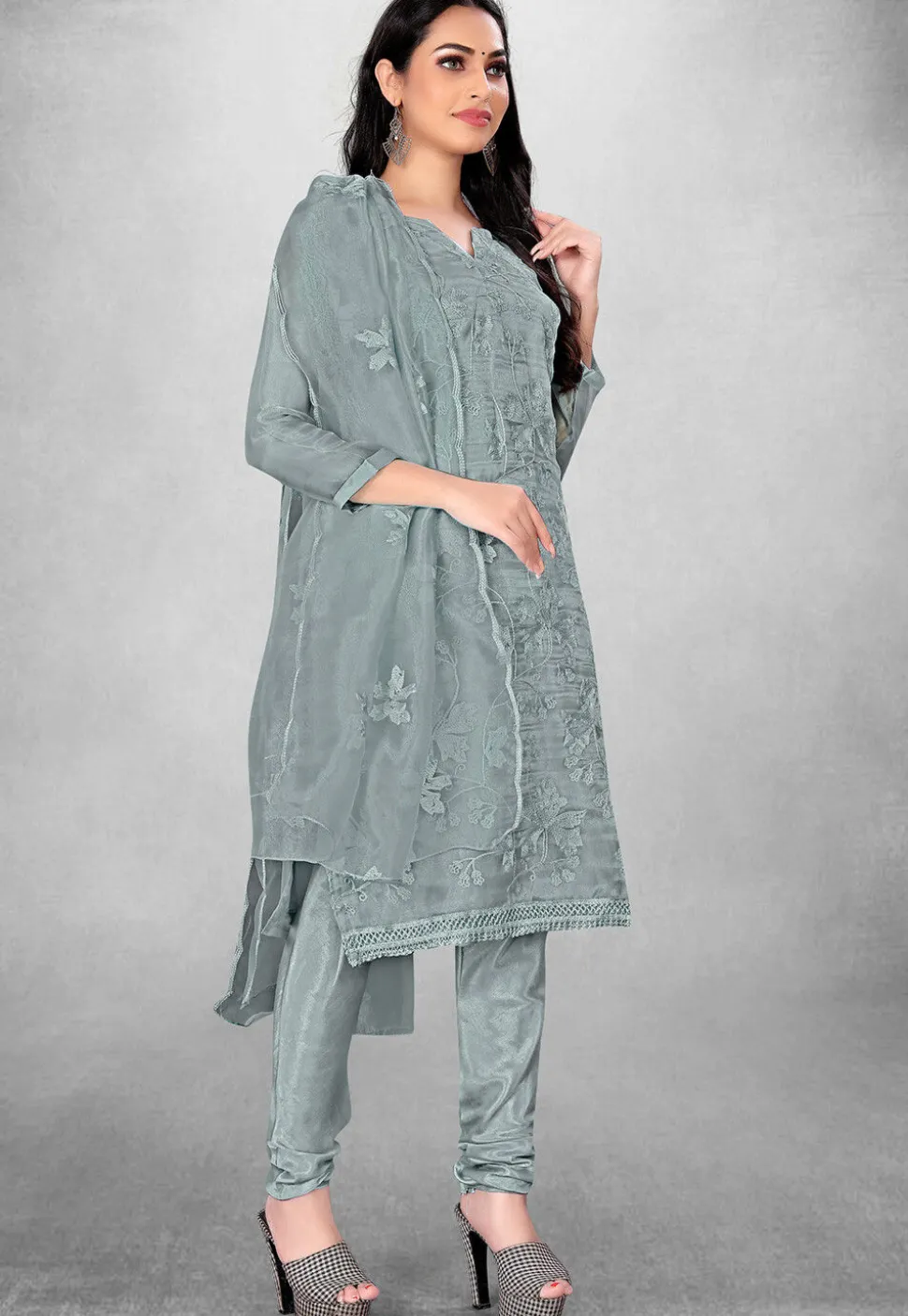 Embroidered Organza Straight Suit in Grey