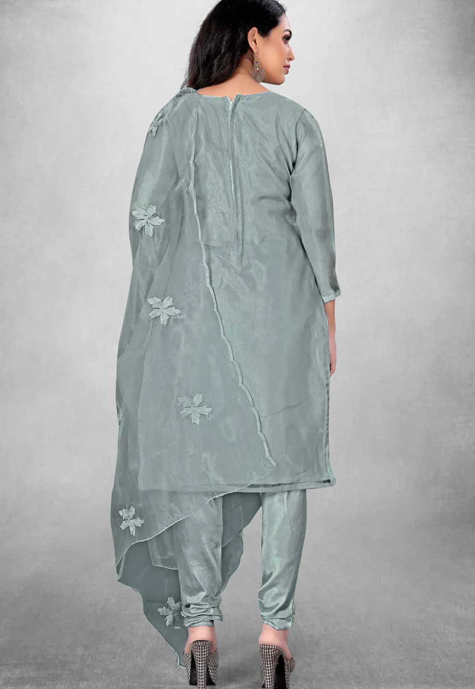 Embroidered Organza Straight Suit in Grey