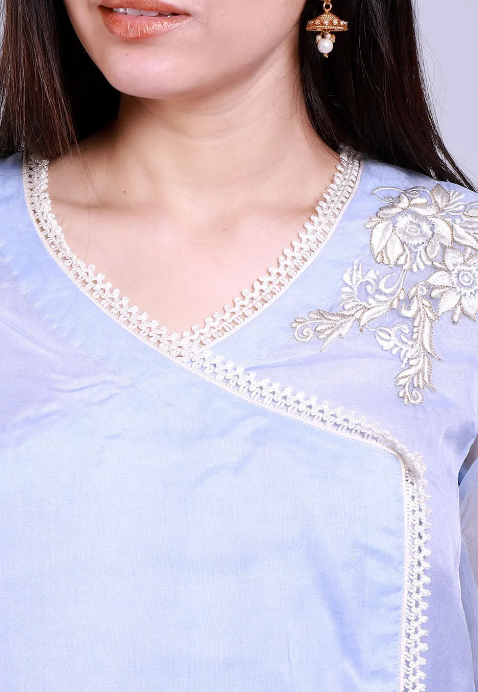 Embroidered Organza Straight Kurta in Pastel Blue