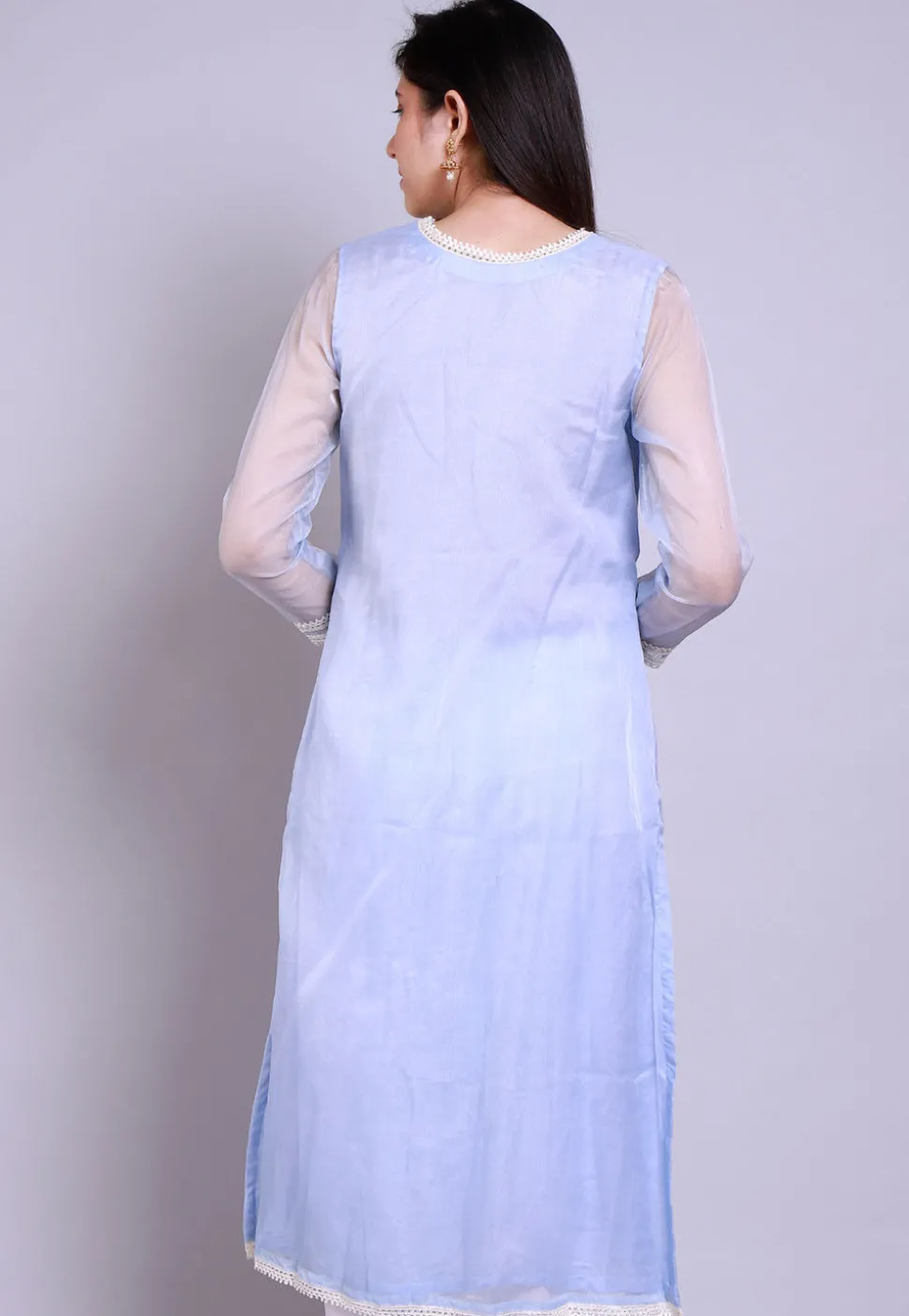 Embroidered Organza Straight Kurta in Pastel Blue