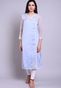 Embroidered Organza Straight Kurta in Pastel Blue