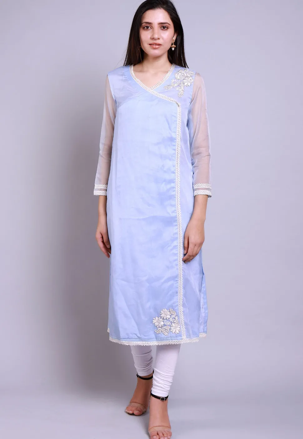 Embroidered Organza Straight Kurta in Pastel Blue