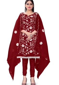 Embroidered Organza Straight Suit in Maroon