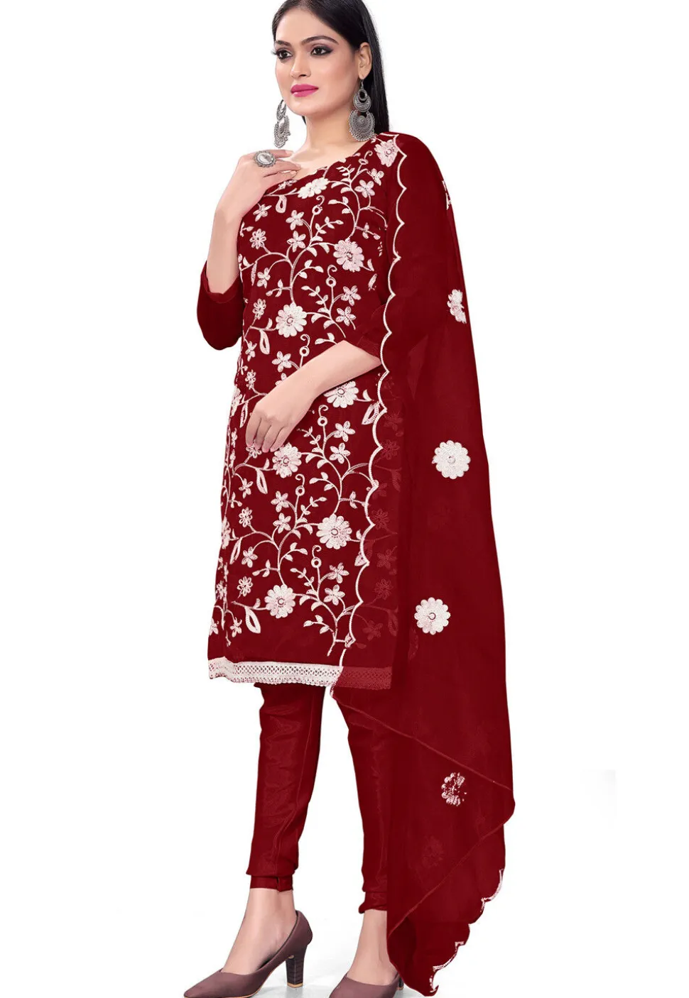 Embroidered Organza Straight Suit in Maroon