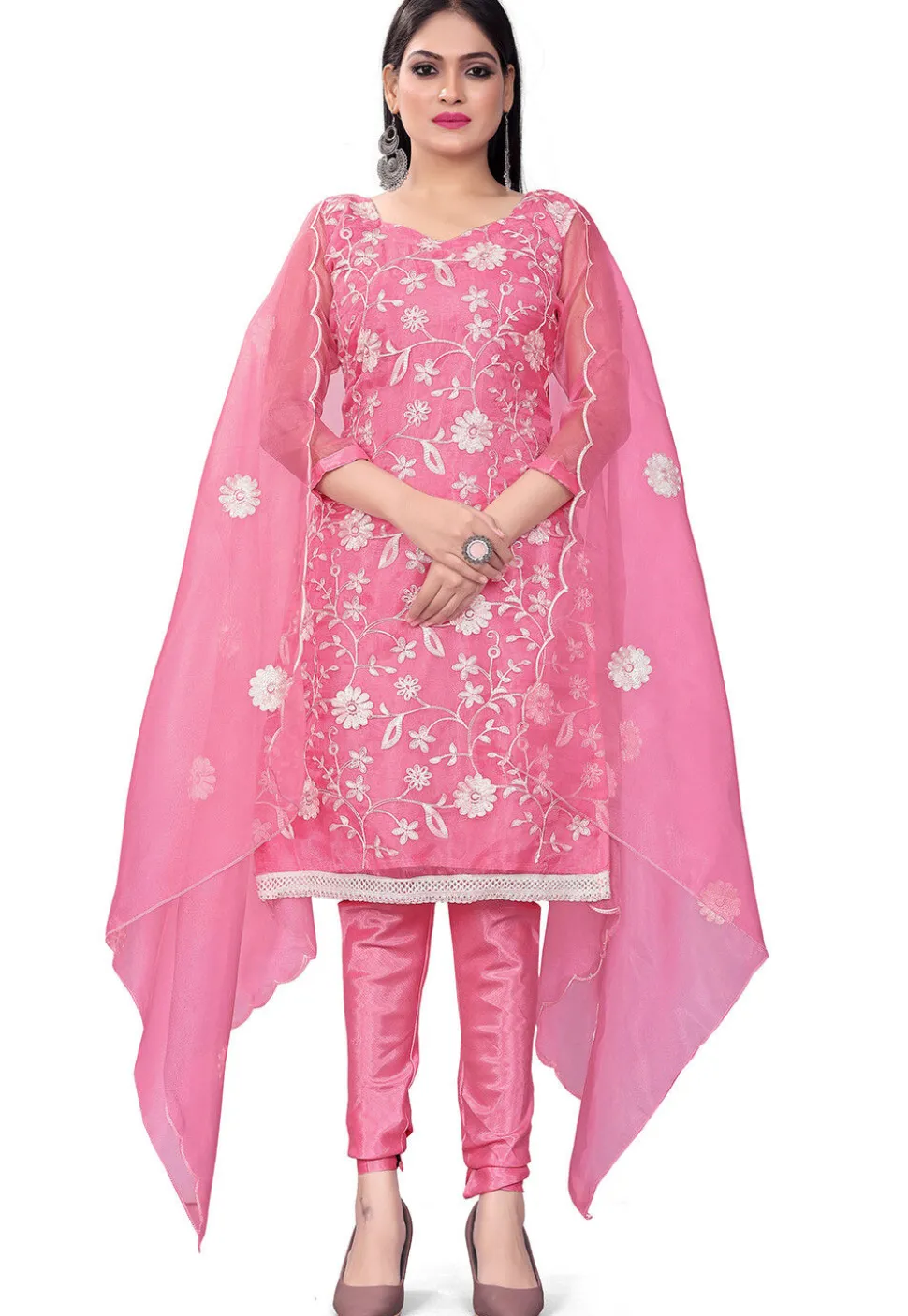 Embroidered Organza Straight Suit in Pink