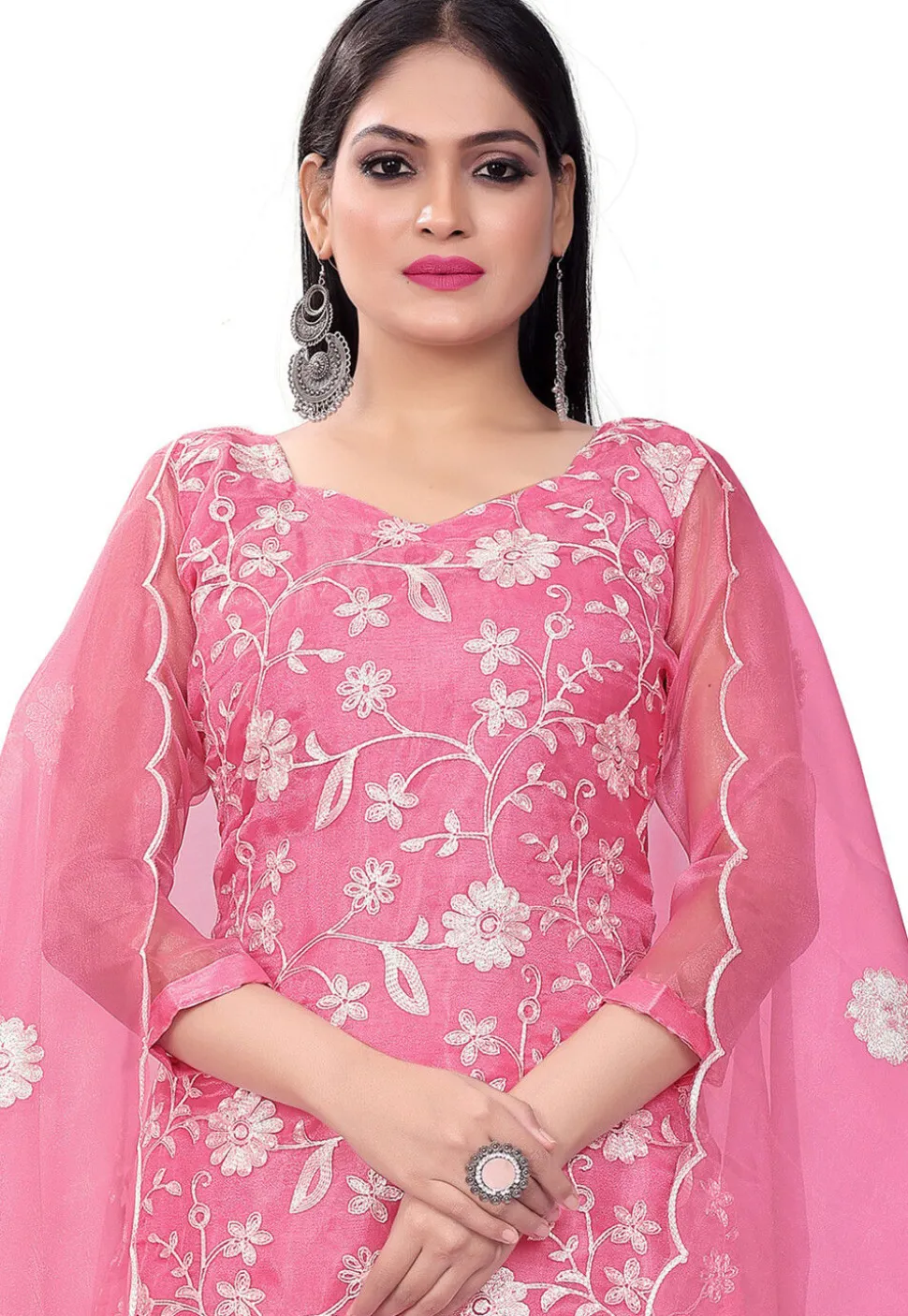 Embroidered Organza Straight Suit in Pink
