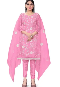 Embroidered Organza Straight Suit in Light Pink