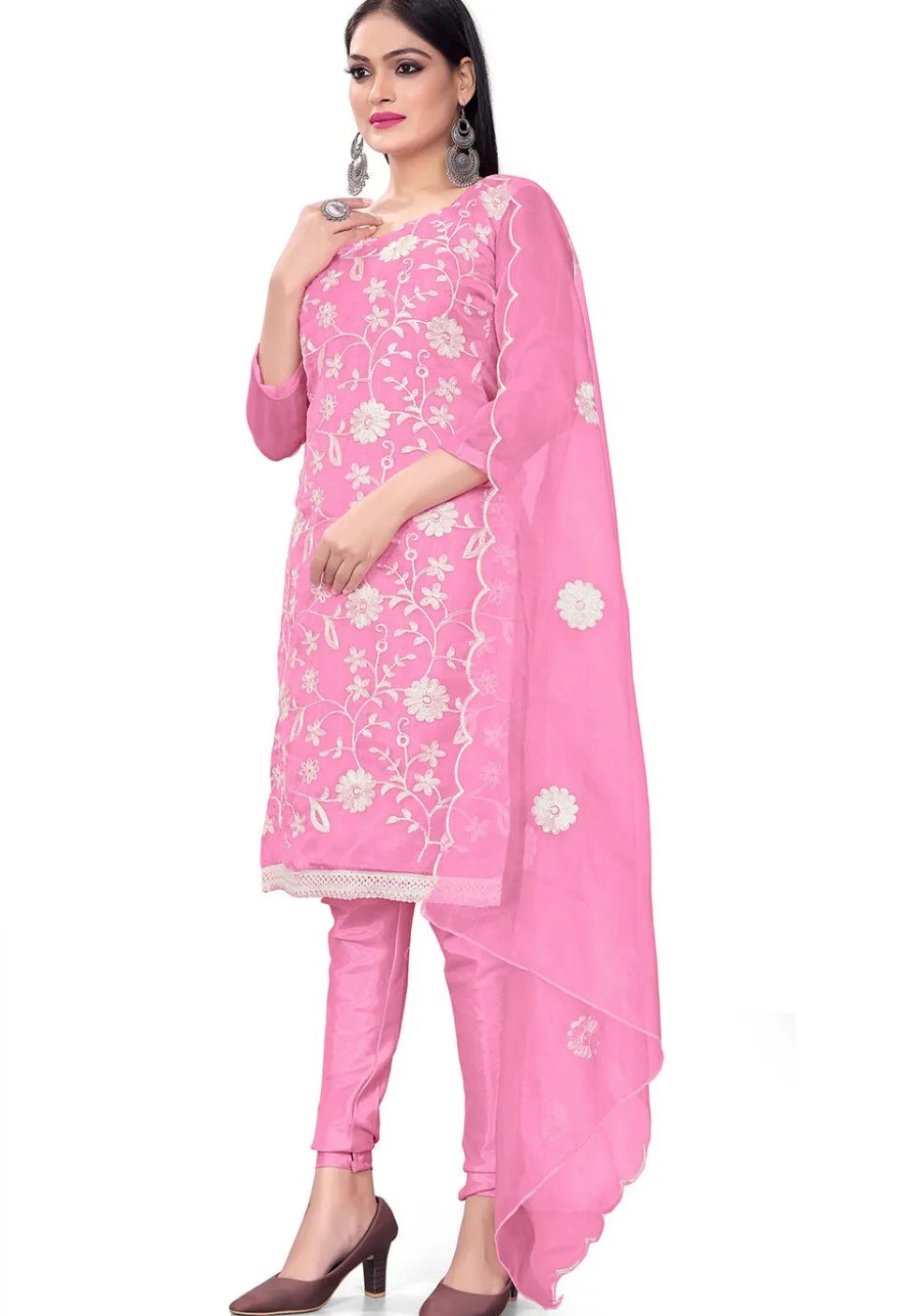 Embroidered Organza Straight Suit in Light Pink