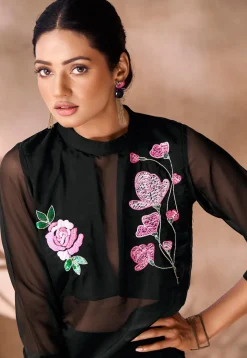 Embroidered Organza Top Set in Black