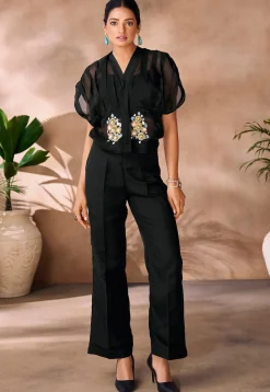 Embroidered Organza Top Set in Black
