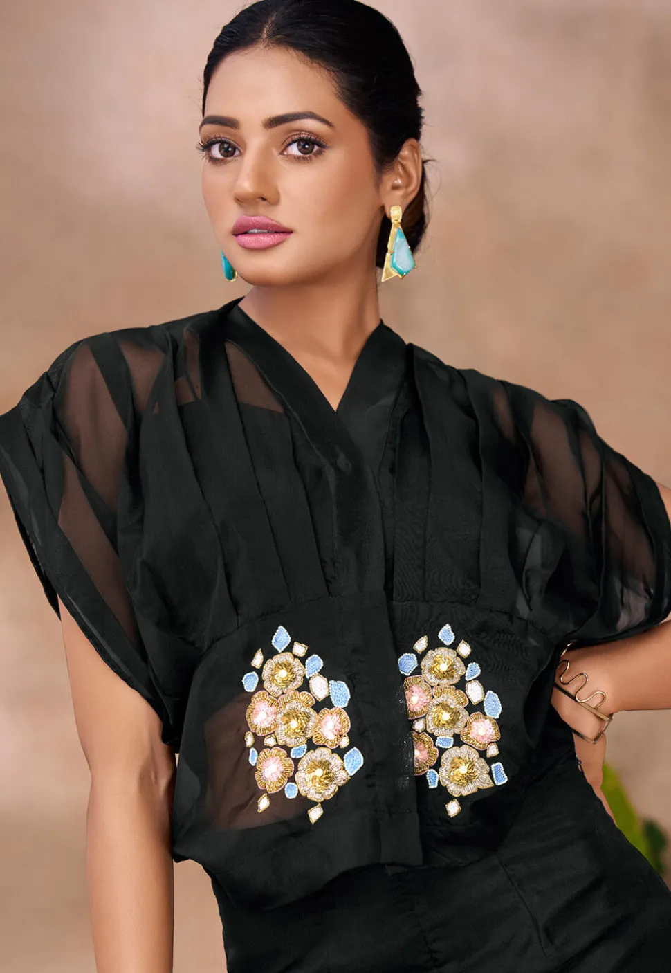 Embroidered Organza Top Set in Black