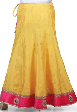Embroidered Patch Border Dupion Silk Long Skirt in Yellow