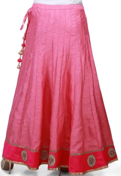 Embroidered Patch Border Bhagalpuri Silk Long Skirt in Pink