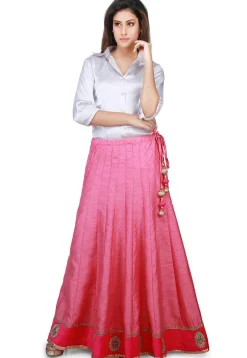 Embroidered Patch Border Bhagalpuri Silk Long Skirt in Pink