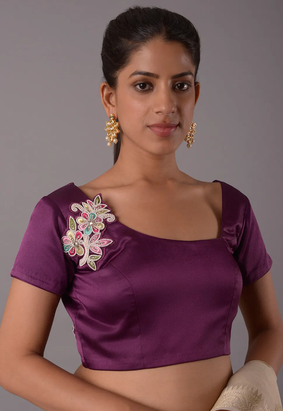 Embroidered Patch Satin Blouse in Dark Purple