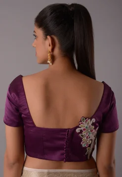 Embroidered Patch Satin Blouse in Dark Purple