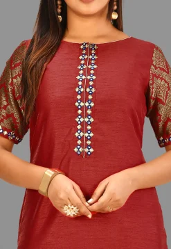 Embroidered Placket Art Silk Straight Kurta in Maroon