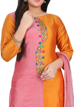 Embroidered Placket Cotton Silk Straight Suit in Pink
