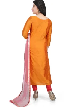 Embroidered Placket Cotton Silk Straight Suit in Pink