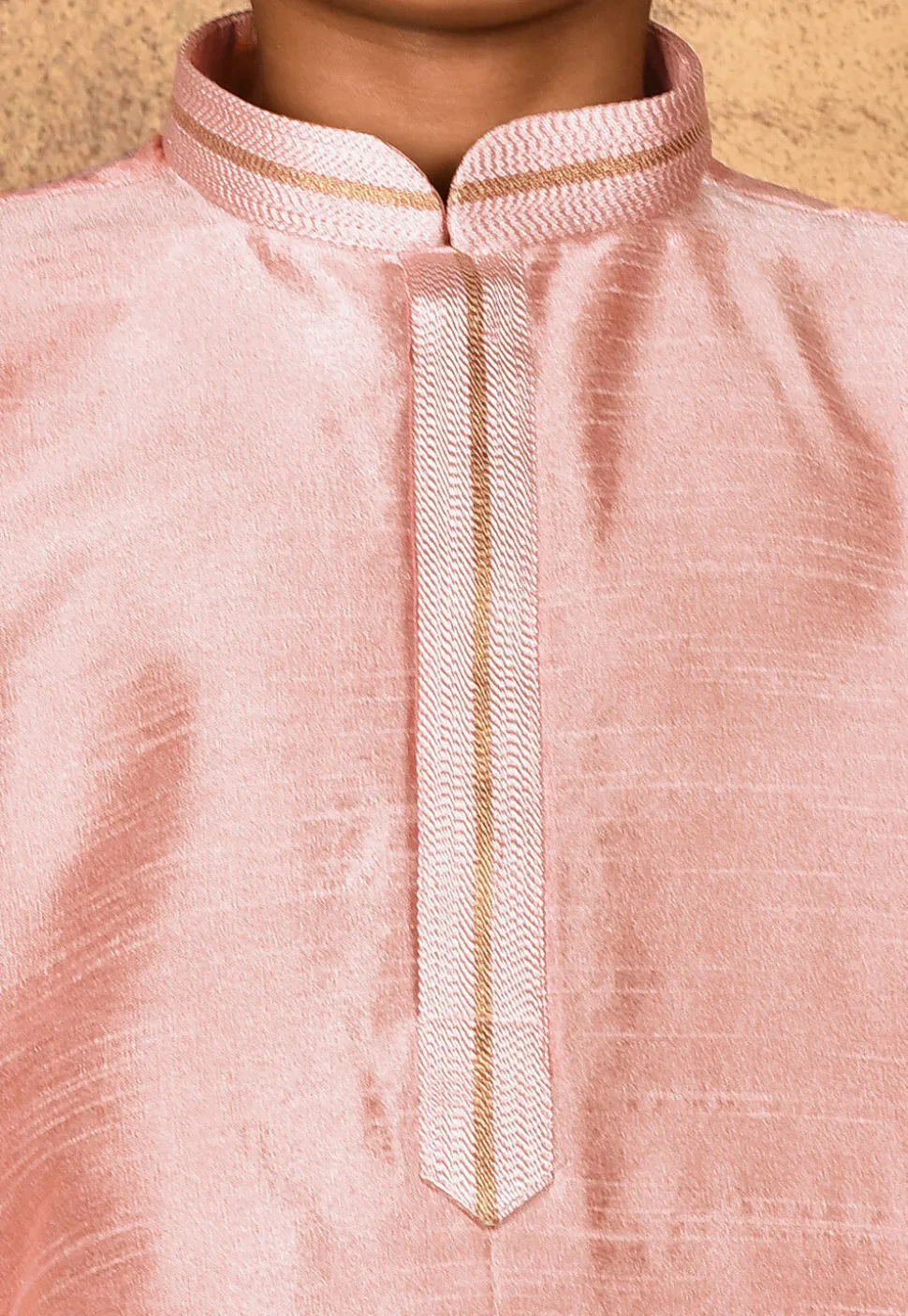 Embroidered Placket Dupion Silk Kurta Set in Peach