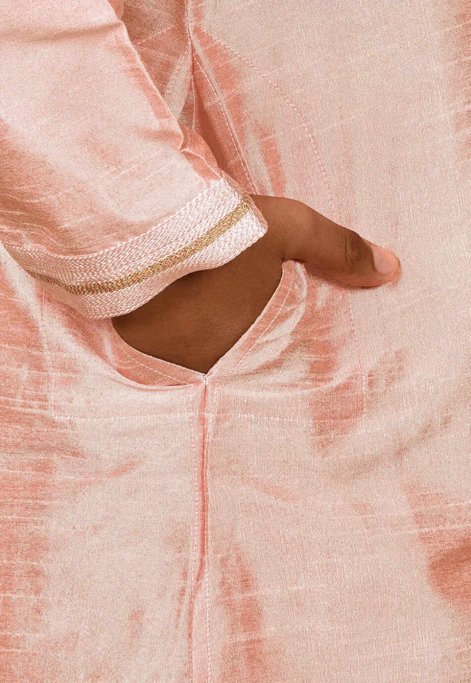 Embroidered Placket Dupion Silk Kurta Set in Peach