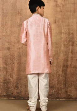 Embroidered Placket Dupion Silk Kurta Set in Peach