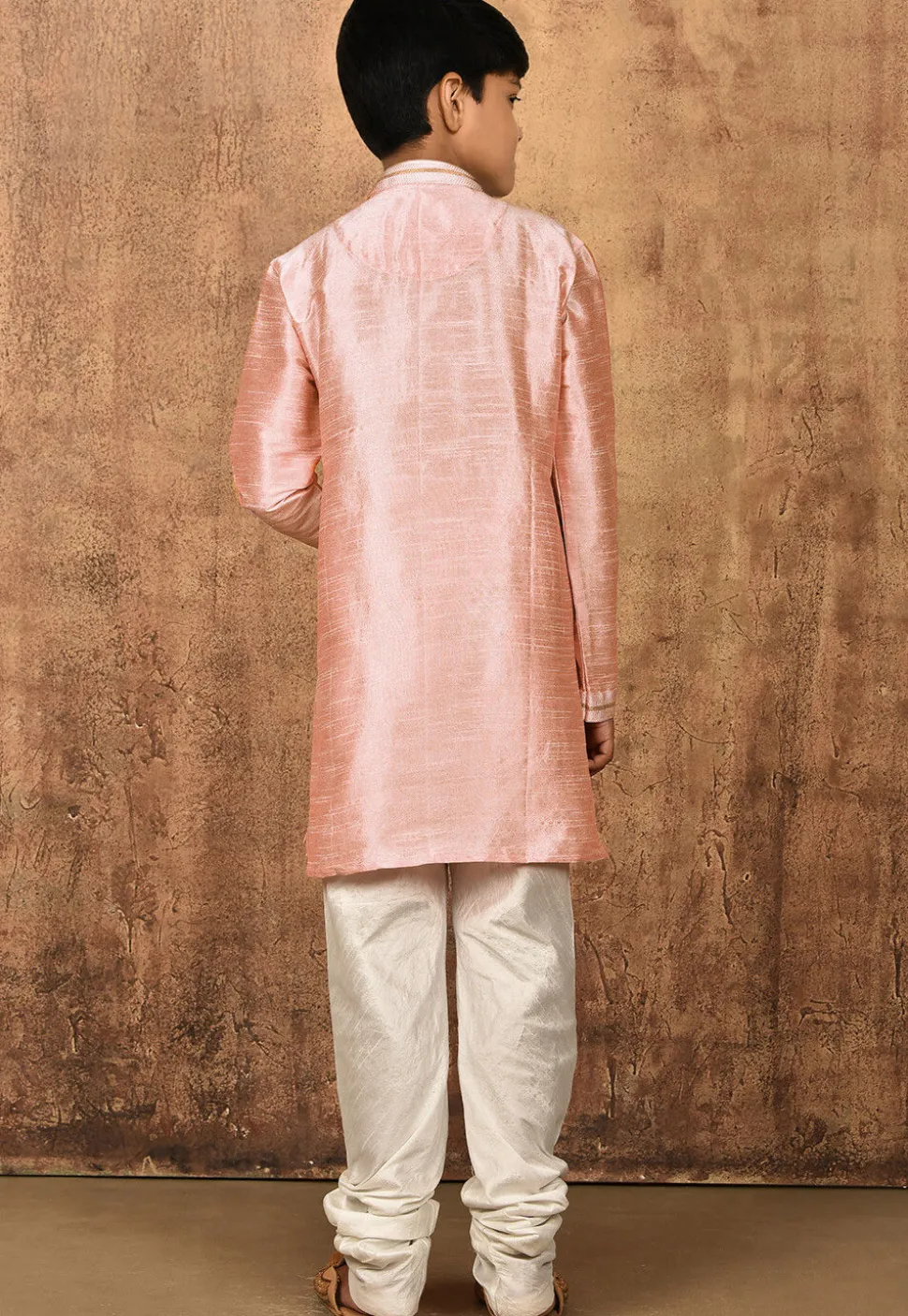 Embroidered Placket Dupion Silk Kurta Set in Peach