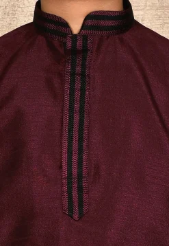 Embroidered Placket Dupion Silk Kurta Set in Maroon