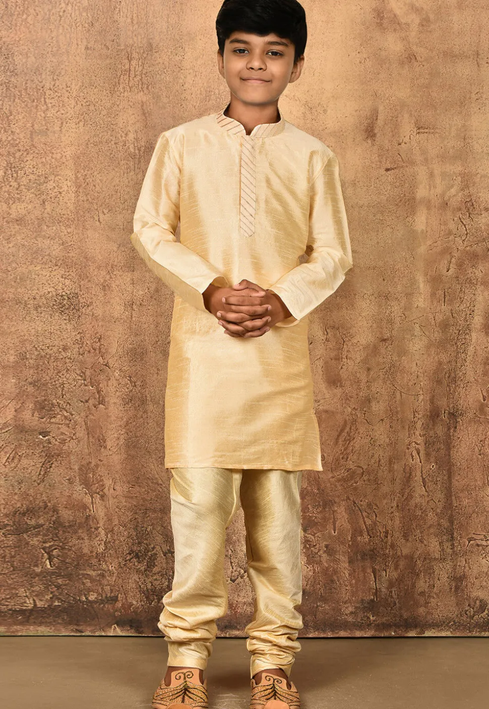Embroidered Placket Dupion Silk Kurta Set in Light Beige