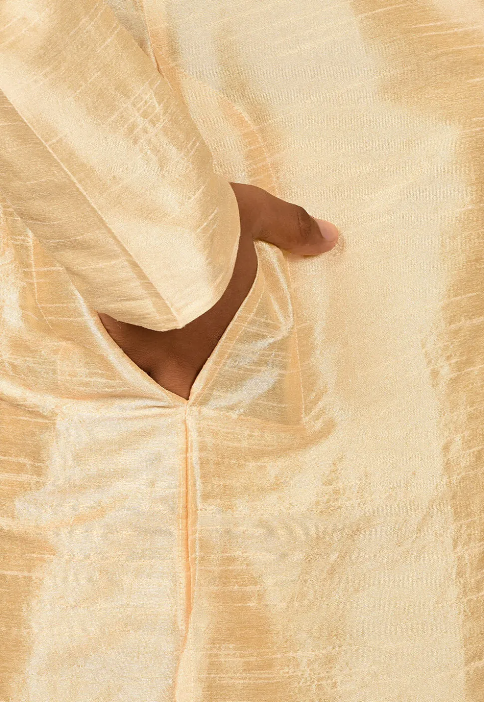 Embroidered Placket Dupion Silk Kurta Set in Light Beige