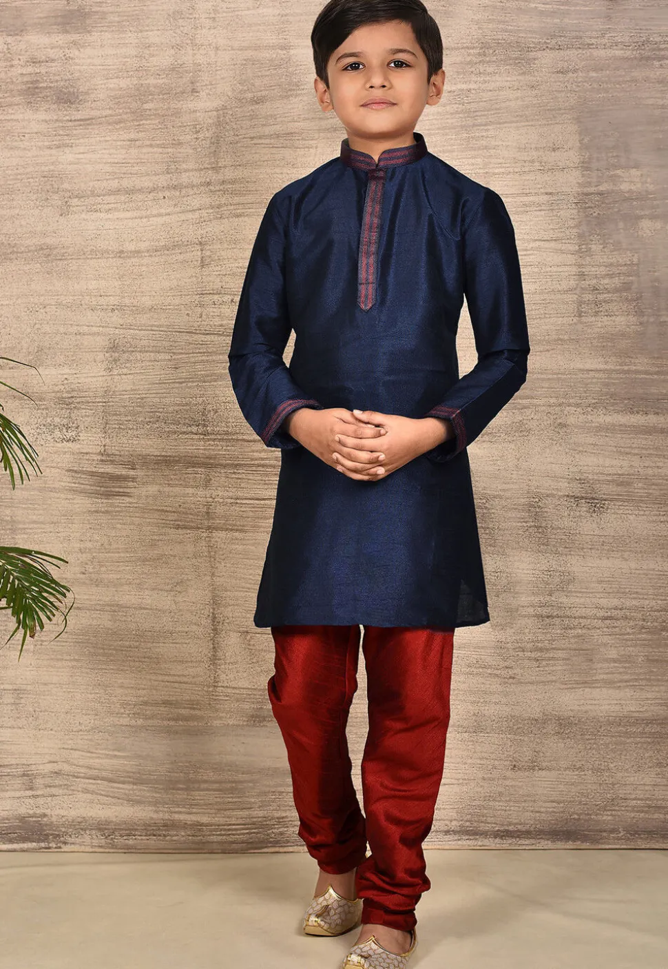 Embroidered Placket Dupion Silk Kurta Set in Navy Blue