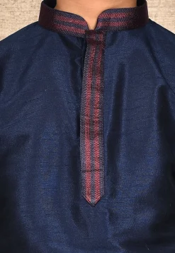 Embroidered Placket Dupion Silk Kurta Set in Navy Blue