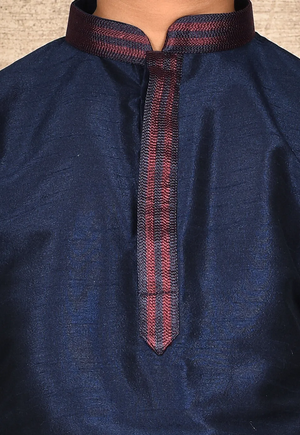 Embroidered Placket Dupion Silk Kurta Set in Navy Blue