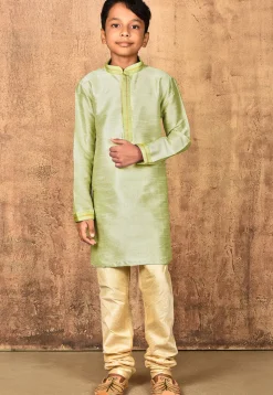 Embroidered Placket Dupion Silk Kurta Set in Pastel Green