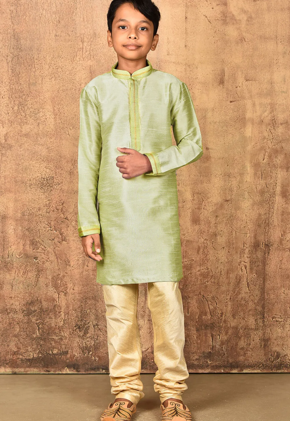 Embroidered Placket Dupion Silk Kurta Set in Pastel Green