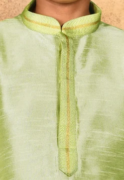 Embroidered Placket Dupion Silk Kurta Set in Pastel Green