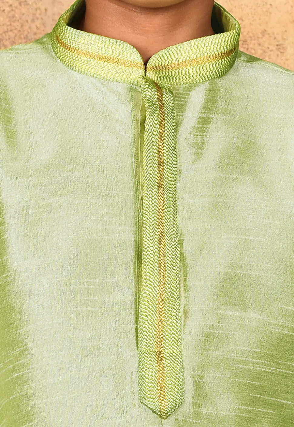 Embroidered Placket Dupion Silk Kurta Set in Pastel Green