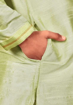 Embroidered Placket Dupion Silk Kurta Set in Pastel Green