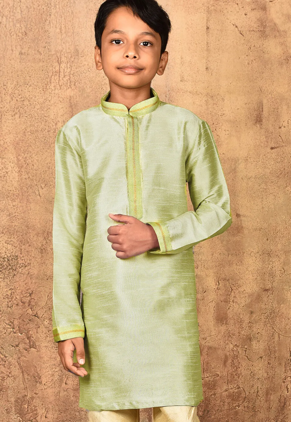 Embroidered Placket Dupion Silk Kurta in Pastel Green