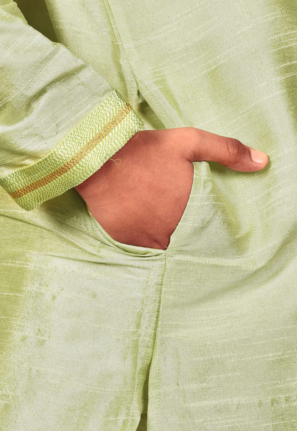 Embroidered Placket Dupion Silk Kurta in Pastel Green