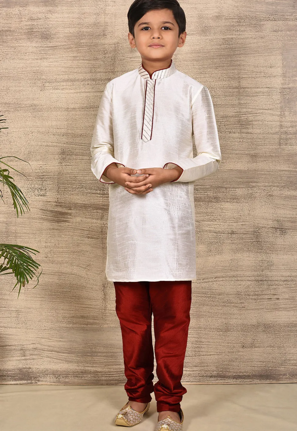 Embroidered Placket Dupion Silk Kurta Set in White